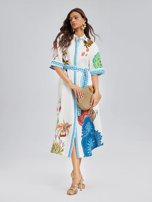 Nefes Alabilir Doğal Keten Baskılı Elbise