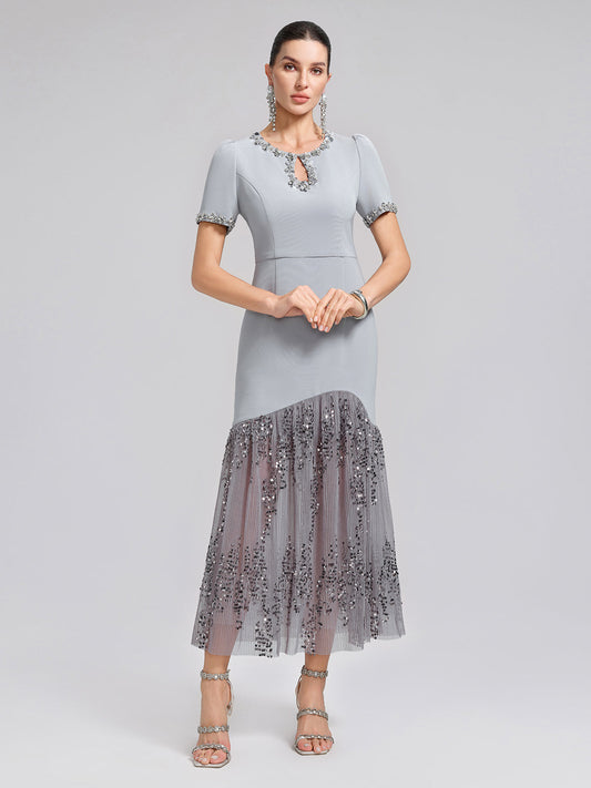 El İşlemeli Payetli Tül Panelli Elbise