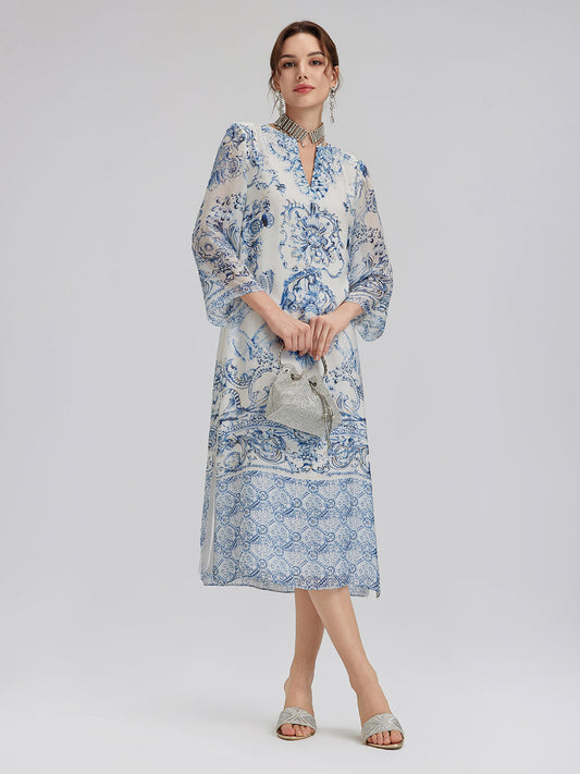 İpek İtalyan Çiçek Desenli V Yaka Elbise